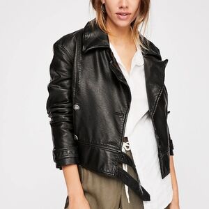 Free People Black Hopewell Vegan Leather Belted Moto Jacket Size Small